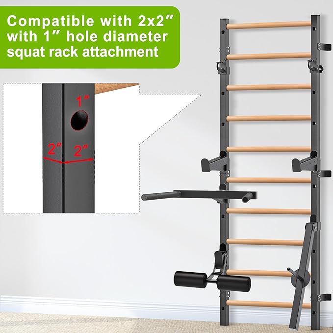 Kipika Gymnastic Stall Bar - 2"x2" Swedish Ladder with 1" Hole, Wall Mounted Pull-up Bar Ladder Suspension Trainer, Solid Wood Grips Gymnastics Training Bar for Home, Wall Gym, School