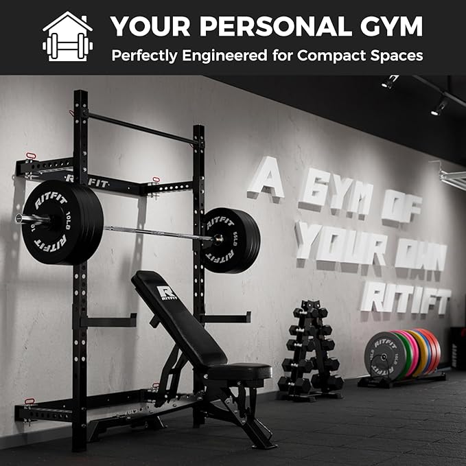 RitFit 2.36'' x 2.36'' Folding Squat Rack for Home Gym, Wall Mounted Squat Rack with Attachments - Space Saving Squat Power Rack