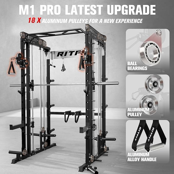 RitFit M1 Pro Smith Machine with Cable Crossover System, Multi-Function Squat Rack Power Cage for Home Gym, Power Rack and Packages