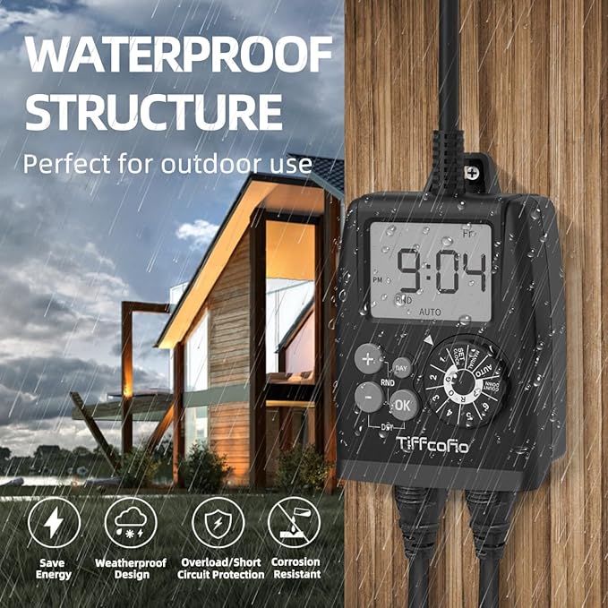 TiFFCOFiO New Digital Outdoor Timer Outlet, Dial Programmable Method, Outdoor Light Timer Waterproof, 2 Grounded Electrical Outlets for Christmas Lights, 6 Sets of Programs, 15A/1875W (2 Packs)