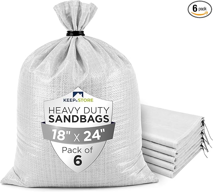 Heavy Duty Sand Bags Pack of 6, White Empty Sandbags with Built-In Ties, Woven Polypropylene UV Protection 1600 Hours, Fillable Bags for Flood Control, Weight, 18x24 inches, 60 Pounds Volume