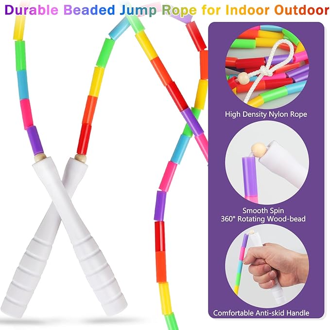 Fezog 2 Pack Rainbow Beaded Kids Jump Rope, Segmented Skipping Rope for Kids Adults, Tangle-Free Rope Skipping Child Jump Rope for Fitness Exercise Training