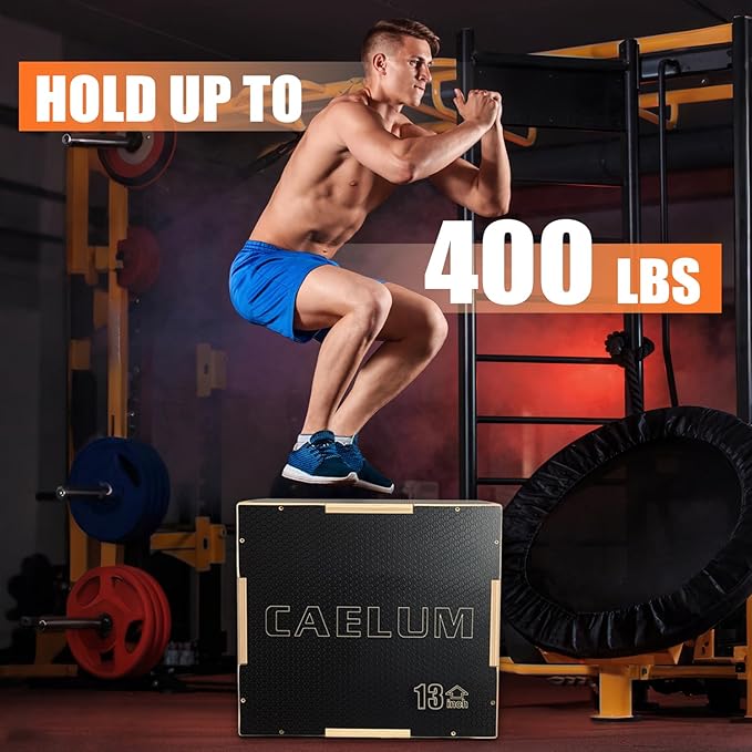 CAELUM 3-in-1 Wood Plyo Box - Non-Slip Plyometric Jump Box for Home & Gym, 400lbs Bearing Fitness Launch Box for Jumping Squats Step-ups Strength Training