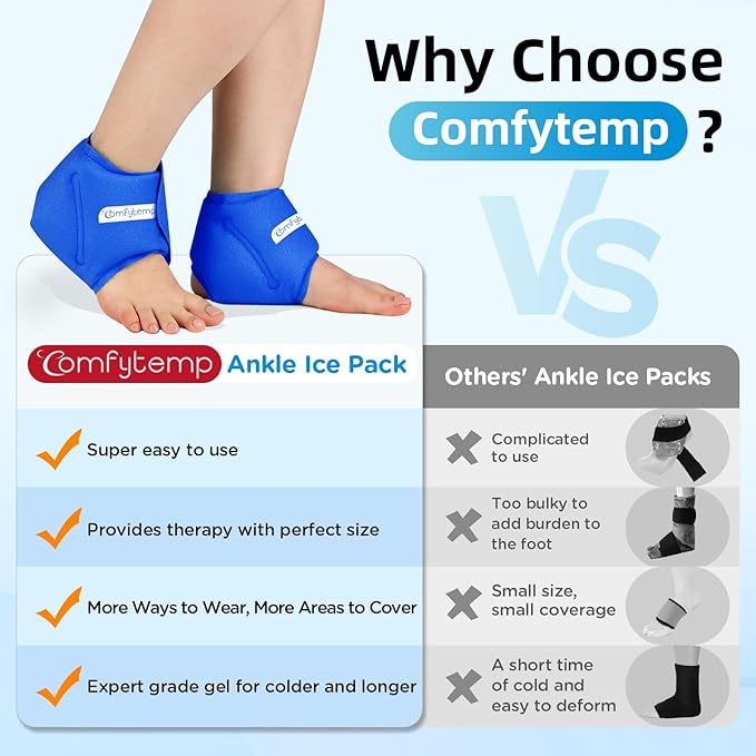 Comfytemp Ankle Ice Pack Wrap for Plantar Fasciitis, Swelling, Foot Pain Relief, Gel Ice Packs for Injuries Reusable, Hot Cold Compress for Achilles Tendonitis Sprained Ankles Feet, 2 Packs, Dark Blue
