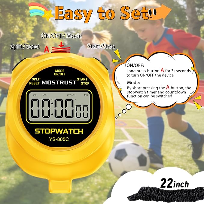 Digital Simple Stopwatch Timer, Single Lap Countdown Timer with On/Off, AAA Battery (Included) for Kids Students Coaches, Yellow