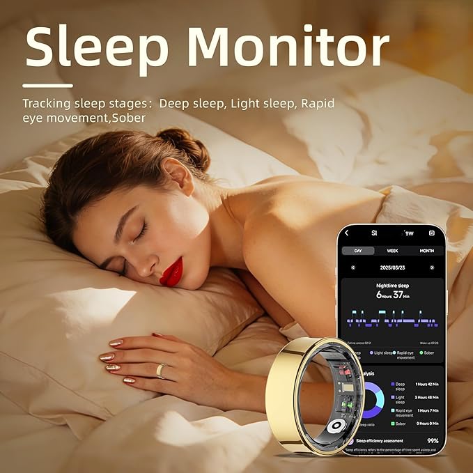 Smart Ring for Women& Men, Fitness Ring & Sleep Tracker Health Tracker With Heart Rate & Blood Oxygen Monitor, Step Counter Ring,IP68 Waterproof, No Subscription Fee for IOS & Android (Gold, #7)