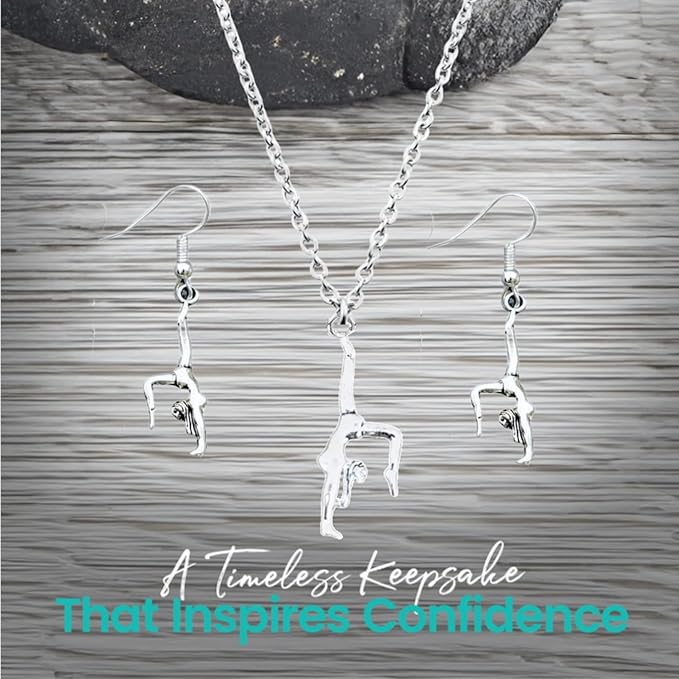 Gymnastics Jewelry Set – Girls' Gymnastics Necklace & Charm Earrings – Elegant Silver-Tone Gymnastics Gift for Girls and Teams