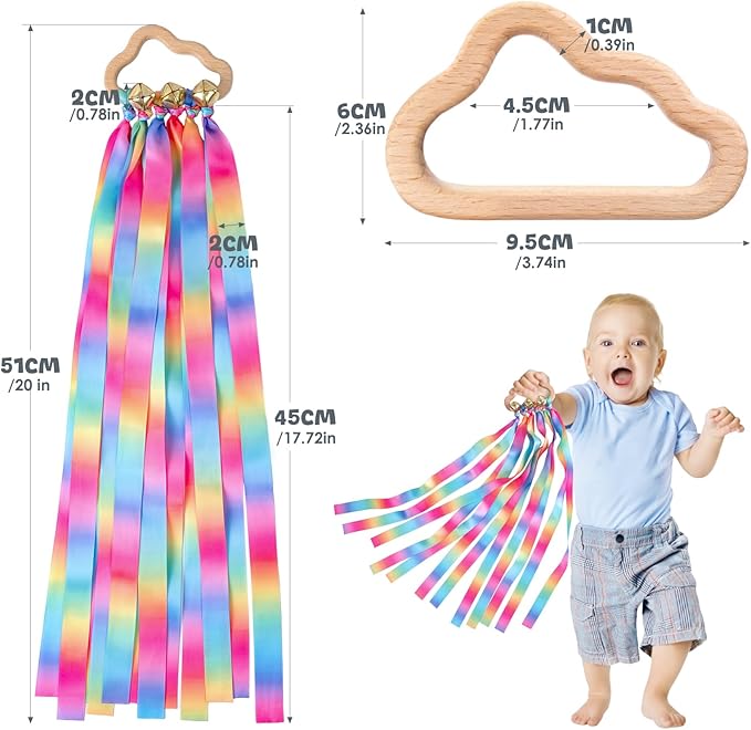 2Pcs Ribbon Hand Kites, Dancing Ribbons, Rainbow Dancing Streamers with Wood Ring and Bells for Artistic Dance, Gymnastics, Entertainment, Decoration and Party