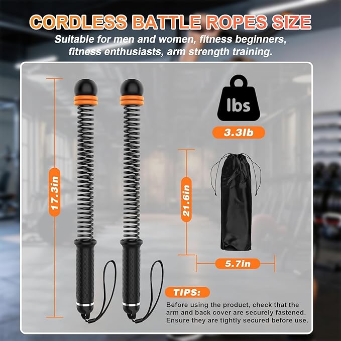 Weighted Cordless Battle Ropes - Adjustable Resistance and Portable Ropeless Battle Ropes with Non Slip Handle - Low-Noise Exercise Rope for Instant Effective Workouts Anytime (Black)