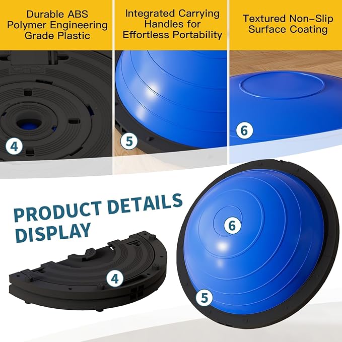 Vtory Foldable Balance Ball, Upgrate Half Ball Balance Trainer, 1300 lbs Capacity Stability Ball, 23.5 Inch Yoga Half Ball, with Resistance Band & Foot Pump, No-slip