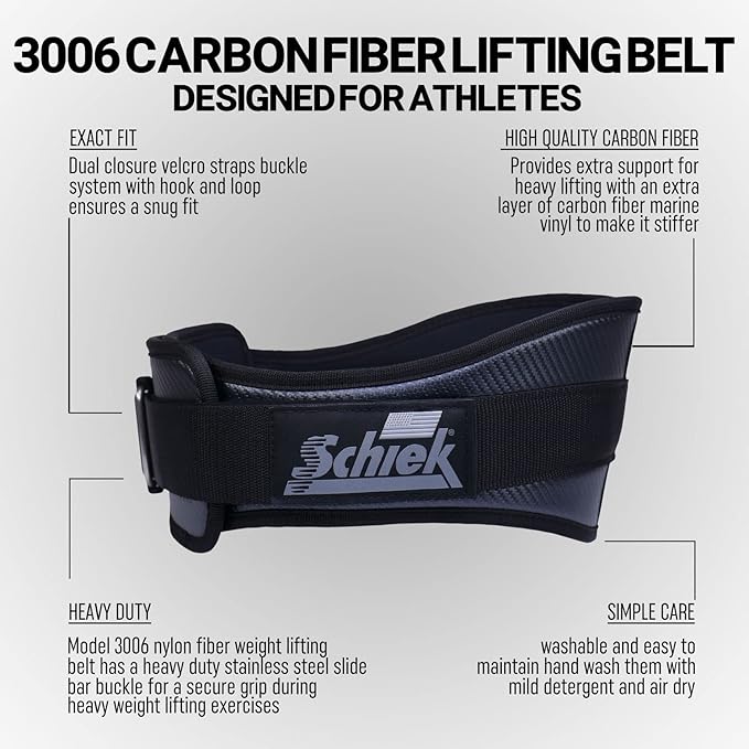 Schiek Sports Model 3006 Carbon Fiber Lifting Belt - Nylon Fiber Gym Belt with Marine Vinyl Back Support