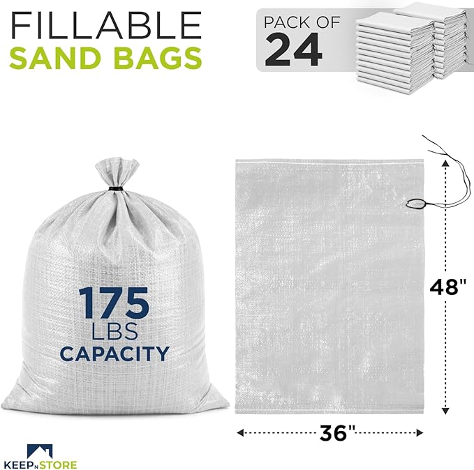 Heavy Duty Sand Bags Pack of 24, White Empty Sandbags with Built-In Ties, Woven Polypropylene UV Protection 1600 Hours, Fillable Bags for Flood Control, Weight, 36x48 inches, 175 Pounds Volume