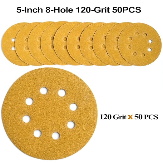 5-Inch 8-Hole Hook and Loop Sanding Discs 120-Grit Random Orbit Sandpaper, 50-Pack