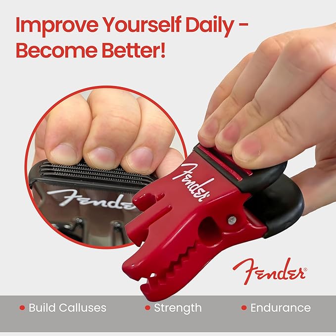 FENDER Patented Callus Builder & Finger Strengthener – Resistance Finger Exerciser for Guitar, Bass & Violin – Guitar Finger Trainer & Grip Strength Tool – Ideal Guitar & Bass Accessories (Tensions: RED=8-Lbs; BLACK=15-Lbs)