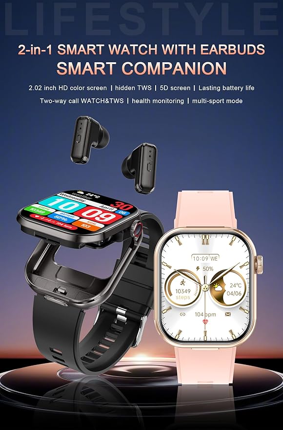 Smart Watch with Earbuds, 2.02" HD Screen，2 in 1 Smart Watches for Women, Waterproof Fitness Tracker Watch with Wireless Earphone Compatible for Android iOS with Sports Monitor Sleep