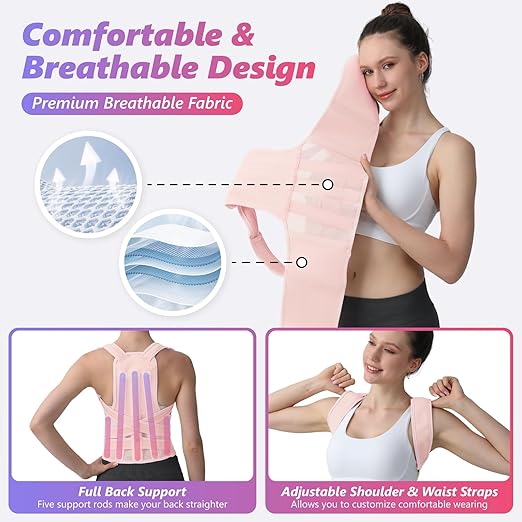 Posture Corrector for Women and Men, Adjustable Shoulder Straightener with Full Back Support, Relief for Lower & Upper Back Pain, Spine, Scoliosis Relief (Pink, Medium)