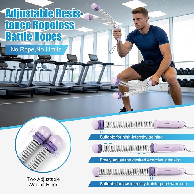 Weighted Ropeless Battle Ropes Adjustable Weight - Portable Cordless Battle Ropes for Home Gym with Poster - Strength Building, HIIT and Low-Impact Aerobic Training for Men & Women (Purple)