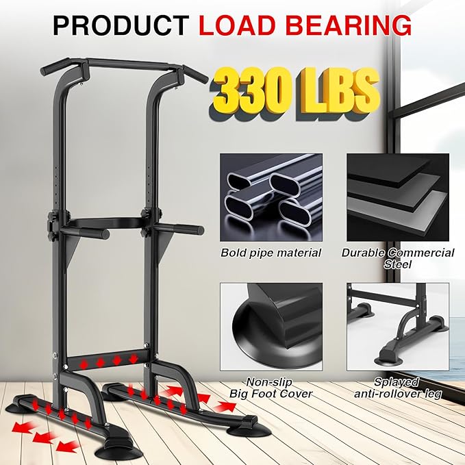 Power Tower Pull Up Bar and Dip Station for Home Gym, Adjustable Pull Up Bar with 300 Lbs Capacity, Free Standing Chin Up Bar for Strength Training, Men Women Teens