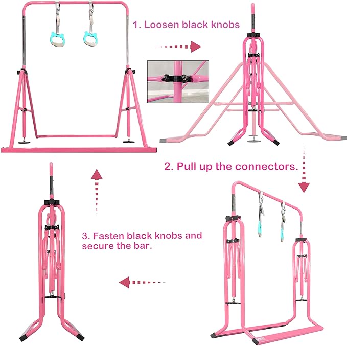 PreGymnastic Folding Gymnastics Bar with Rings, Foldable Kip Bar with Sturdier Base, Training Bar for Kids Ages 3-10, Horizontal Bar, Home Gym Equipment for Boy Girl