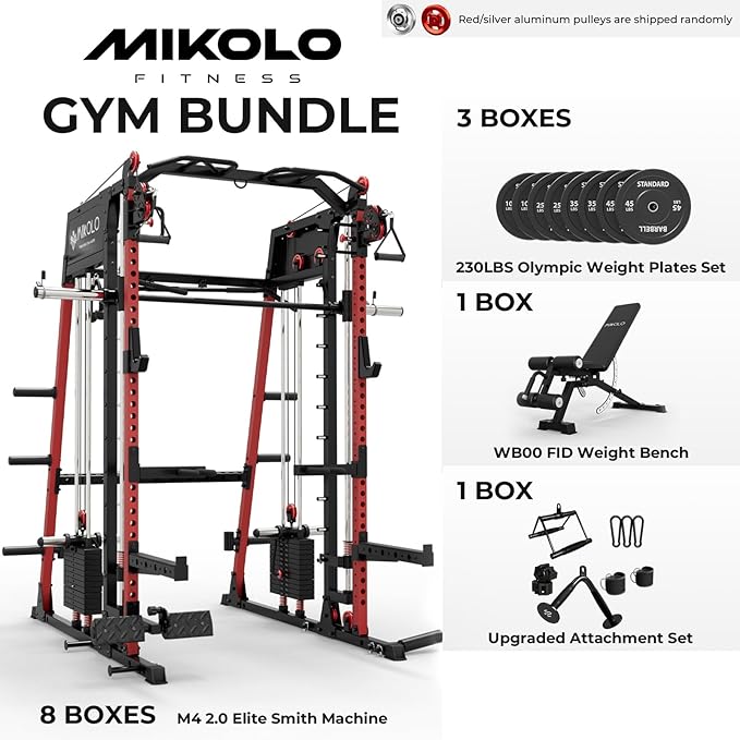 Mikolo M4 2.0 Smith Machine, 2200lbs Squat Rack with LAT-Pull Down System & Cable Crossover Machine, Training Equipment with Leg Hold-Down Attachment
