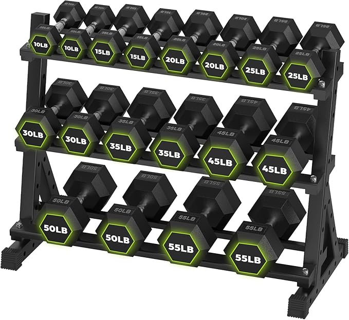 HANDBODE Hex Dumbbell Set with Rack, 300-840 lb Rubber Coated Fixed Weights Sets with Heavy Duty Storage Stand, Hexagon Shape for Stable Placement, Home Gym Equipment for Strength Training