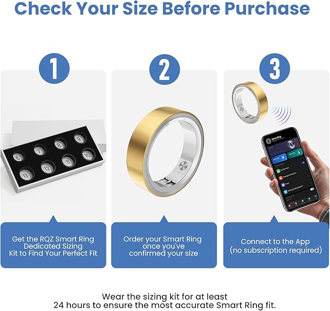 RQZ Smart Ring for Women Men, Fitness Tracker with Heart Rate Tracking, Sleep Tracking, Step Counter, Vibration Alert, 5ATM Waterproof, iOS Android Compatible, Gold Size 7