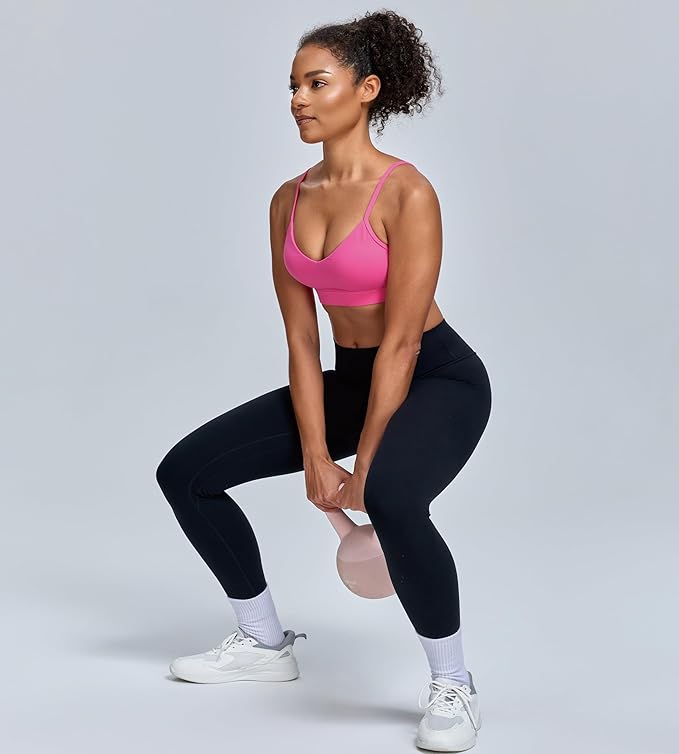 Oalka V Neck Sports Bra for Women Adjustable Padded Thin Straps Wireless Yoga Bras