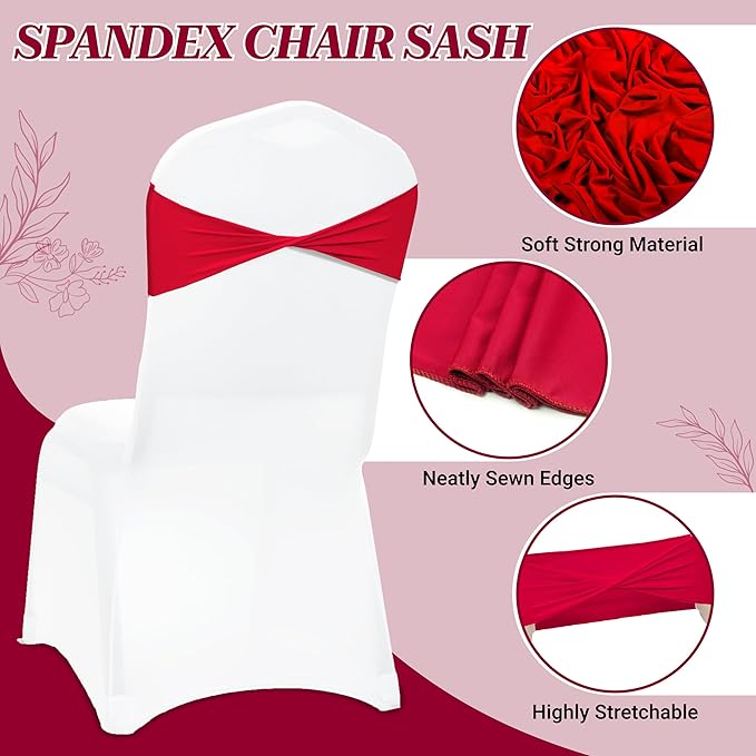 MDS Pack of 100 Spandex Chair Sashes Bows Elastic Stretch Dining Chair Bands Ties Without Slider Buckle Universal fits for Wedding Baby Shower Birthday Party Banquet Event Decoration - Red