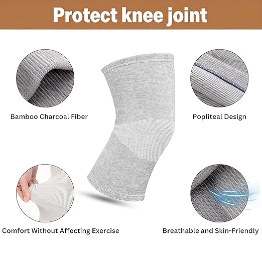 Premium Bamboo Knee Compression Sleeve, 1 Pair Slip-One Knee Support, Elastic Warm Knee Brace for Knee Pain, Joint Recovery, Sports, Daily Wear for Adults (Gray, Large)