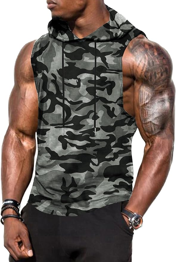 Babioboa Men's Workout Hooded Tank Tops Sports Training Sleeveless Gym Hoodies Bodybuilding Cut Off Muscle Shirts
