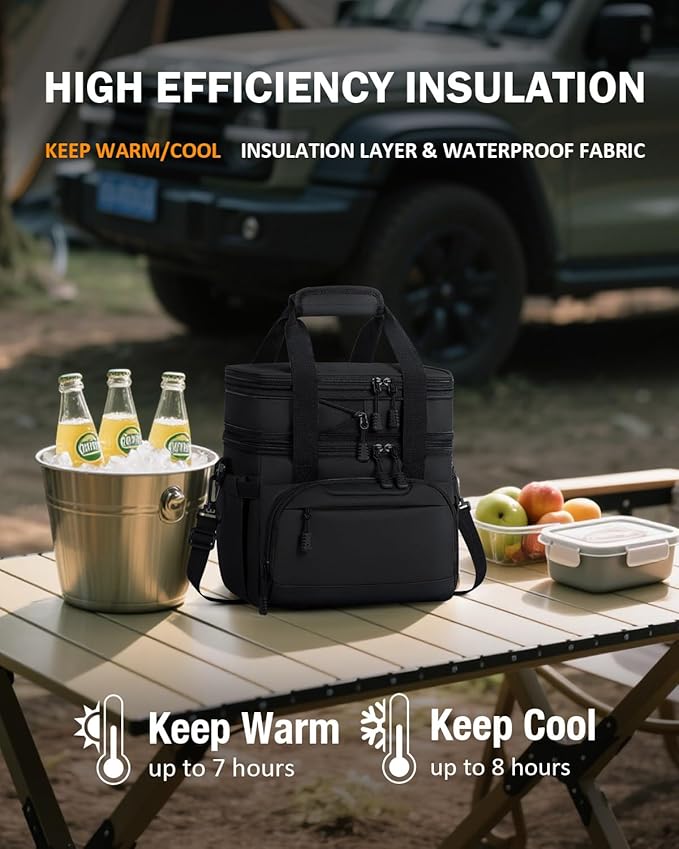 Large Lunch Box for Men Work - 24 Can Expandable Insulated Lunch Bag Double Deck, Heavy Duty Leakproof Cooler Bag with Shoulder Strap for Construction Office Outdoor, Black 14L