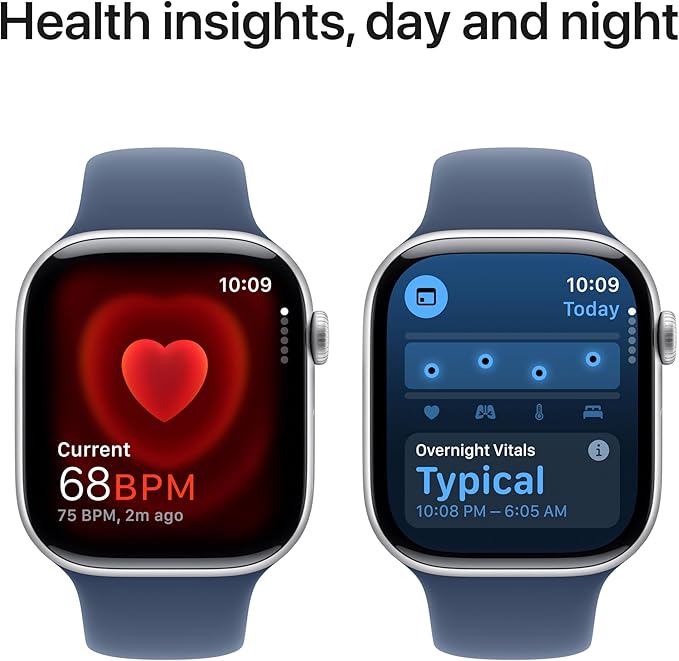 Apple Watch Series 10 [GPS 46mm case] Smartwatch with Silver Aluminum Case with Denim Sport Band - M/L. Fitness Tracker, ECG App, Always-On Retina Display, Water Resistant