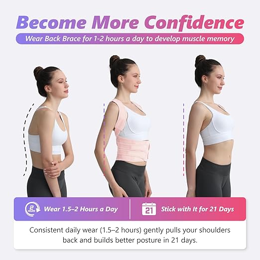 Posture Corrector for Women and Men, Adjustable Shoulder Straightener with Full Back Support, Relief for Lower & Upper Back Pain, Spine, Scoliosis Relief (Pink, Large)