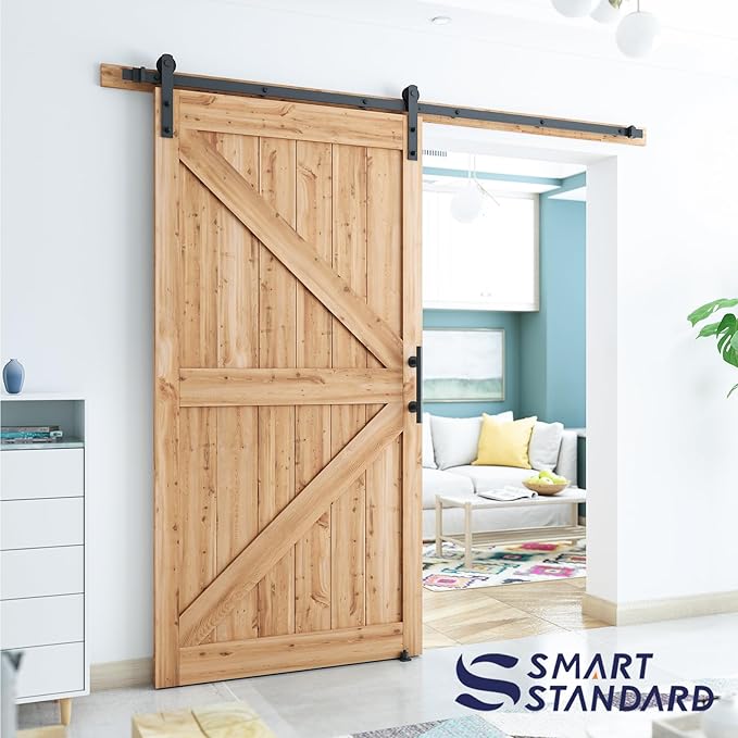 SMARTSTANDARD 7.5 FT Heavy Duty Sturdy Sliding Barn Door Hardware Kit, Black, (Whole Set Includes 1x Pull Handle Set & 1x Floor Guide) Fit 45" Wide Door Panel (I Shape Hanger)