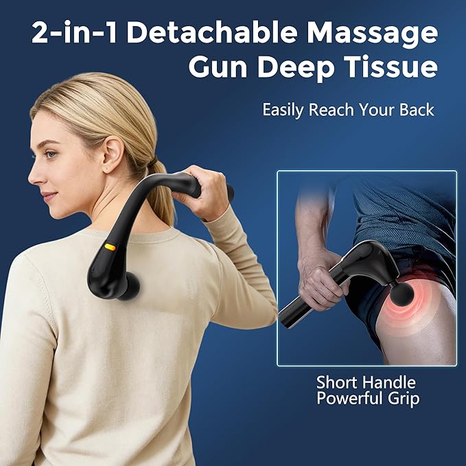 Massage Gun Deep Tissue with Extension Handle Professional Percussion 2-in-1 Detachable Back Massager for Pain Relief,Muscle Relief Massager for Shoulder Back Thigh Waist&Neck (Upgraded)