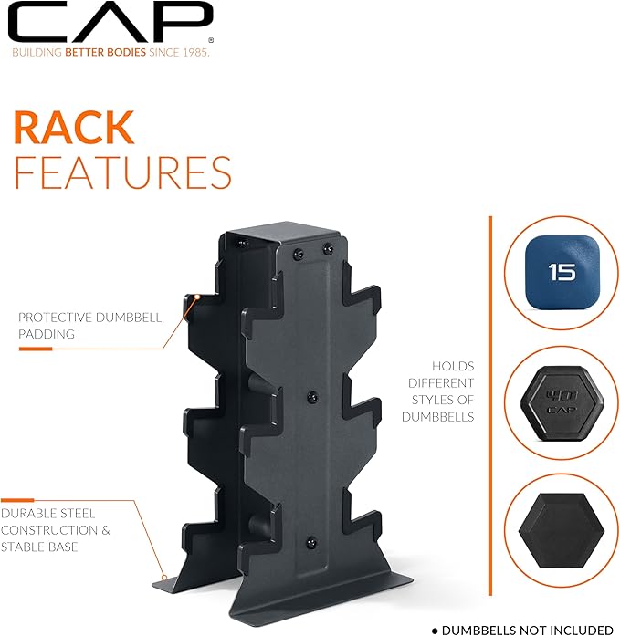 CAP Barbell Rubber Coated Hex Dumbbell Set with Vertical Rack | 100-300 lbs Free Weights Dumbbells Set for Home Gym | Multiple Options