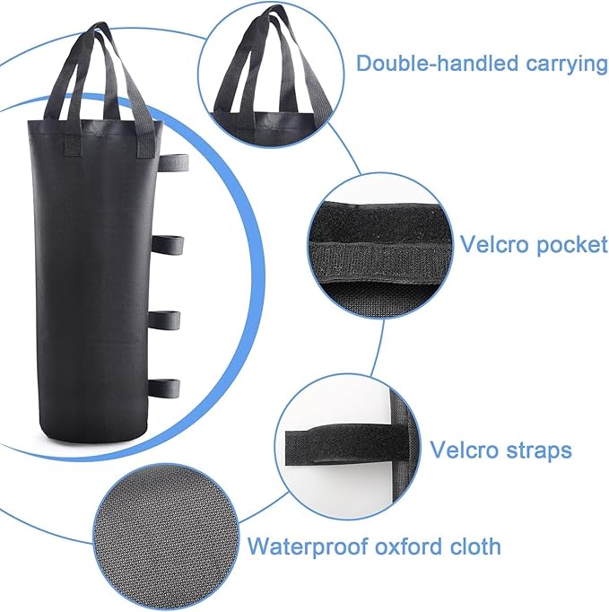 4-Pack Canopy Sand Bags for Weights, Waterproof, Durable, & Heavy Duty Black Sandbags with Double Handles for Stability - Perfect for Beach, Outdoor Canopy Tent, Sun Shelter, Gazebo (Without Sand)