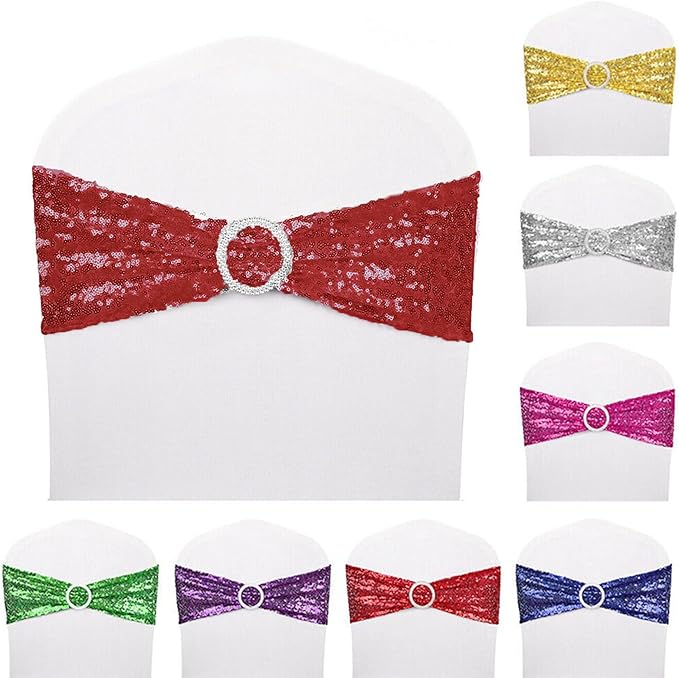 Dimatic 25 PCS Stretch Sequin Chair Sashes Chair Stretchy Spandex Bands for Wedding Reception Events Banquets Chairs Decoration (Red)