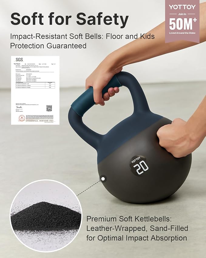 YOTTOY Soft Kettlebell with Leather Handle – Anti-Slip Sweat-Absorbing Grip, Home Gym Kettlebell Weights for Strength Training, Safe Neoprene Kettlebell for Women & Men