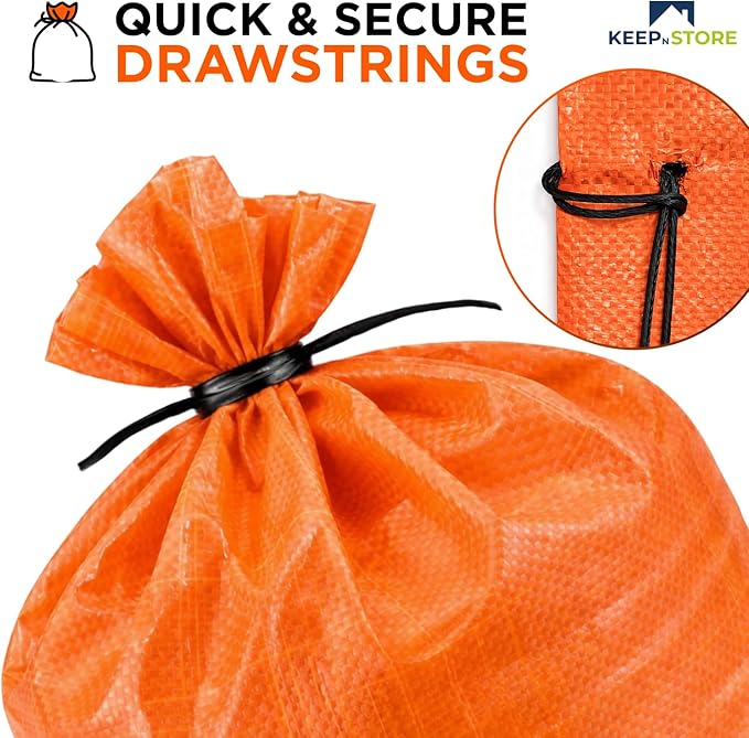 Heavy Duty Sand Bags Pack of 5, Bright Orange Empty Sandbags with Built-In Ties, Woven Polypropylene UV Protection 1600 Hours, Fillable Bags for Flood Control, Weight, 12x20 inches, 25 Pounds Volume