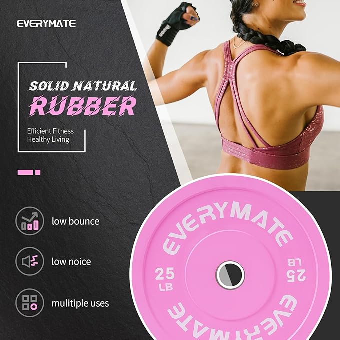 EVERYMATE Pink Weight Plates 10LB 15LB 25LB 35LB 45LB Olympic Bumper Plates Grip Weight Plates for Strength Training & Crossfit Steel Inserts Weight Plates Fit 2" Barbells Virgin Rubber Weights