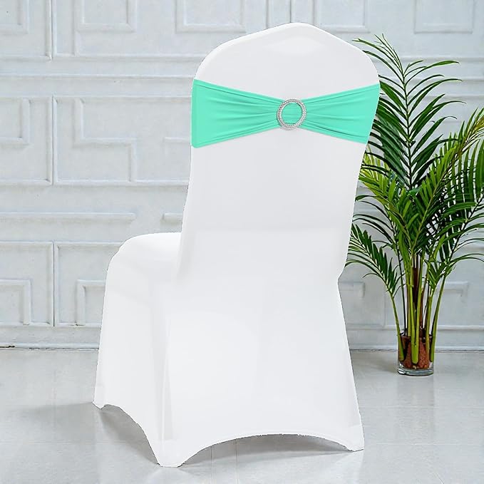 MDS Pack of 50 Spandex Chair Sashes Bow Premium Stretch Chair Cover Band with Buckle Slider Universal fits Elastic Dining Chair Ties for Wedding Party Banquet Events Decoration - Sea Green