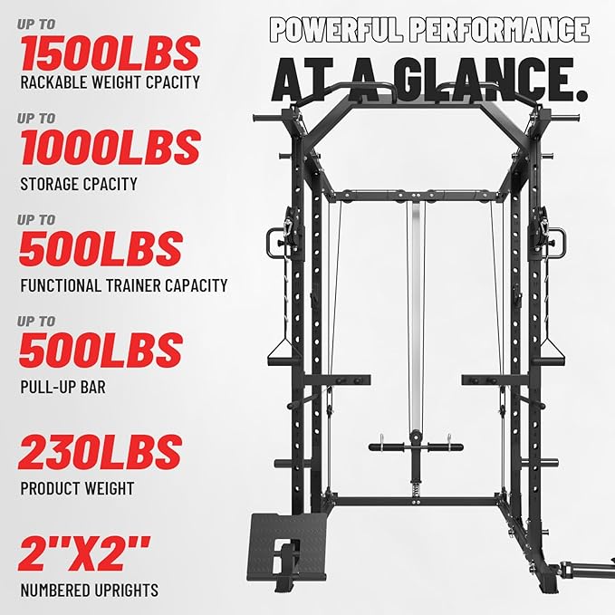 Mikolo Power Cage, Power Rack with Cable Crossover System, 1500LBS Squat Rack with LAT Pull Down System, Workout Cage with Pulley System for Fitness Home Gym