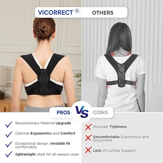Vicorrect Posture Corrector for Women and Men, Adjustable Upper Back Brace for Clavicle Support and Providing Pain Relief from Neck, Shoulder, and Upper Back (Black, Small/Medium)