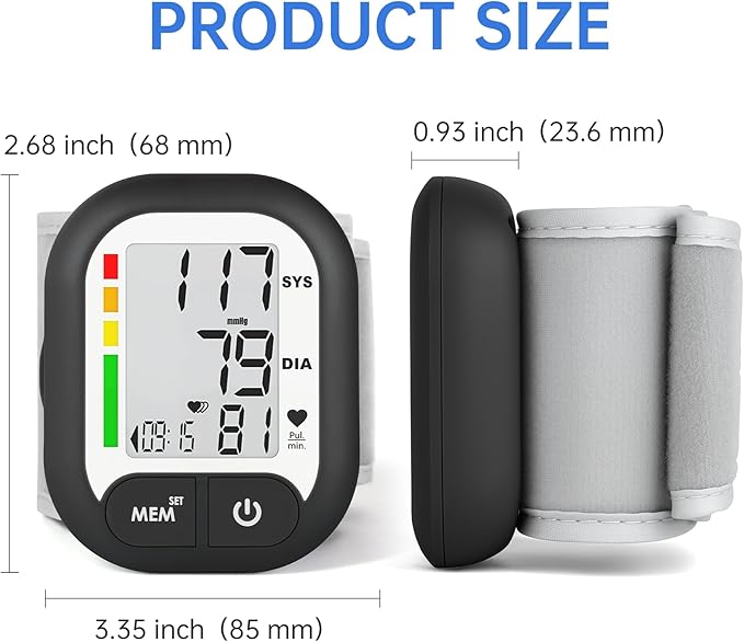 Blood Pressure Monitor Adjustable Wrist Cuff for Home Use Automatic BP Machine Large Digital LCD Display 199 Memory Batteries Included with Carrying Case, Black