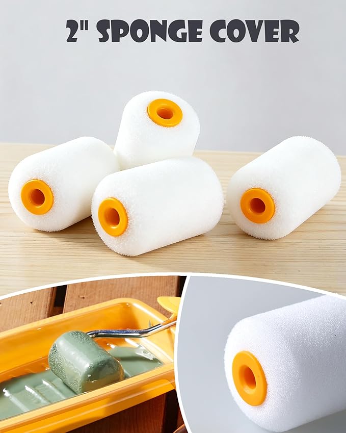 VOOMEY 2 Inch Mini Paint Roller Covers, 20-Pack, High Density Sponge Rollers, Reusable Small Paint Roller Kit for Trim, Corners & Smooth Surfaces
