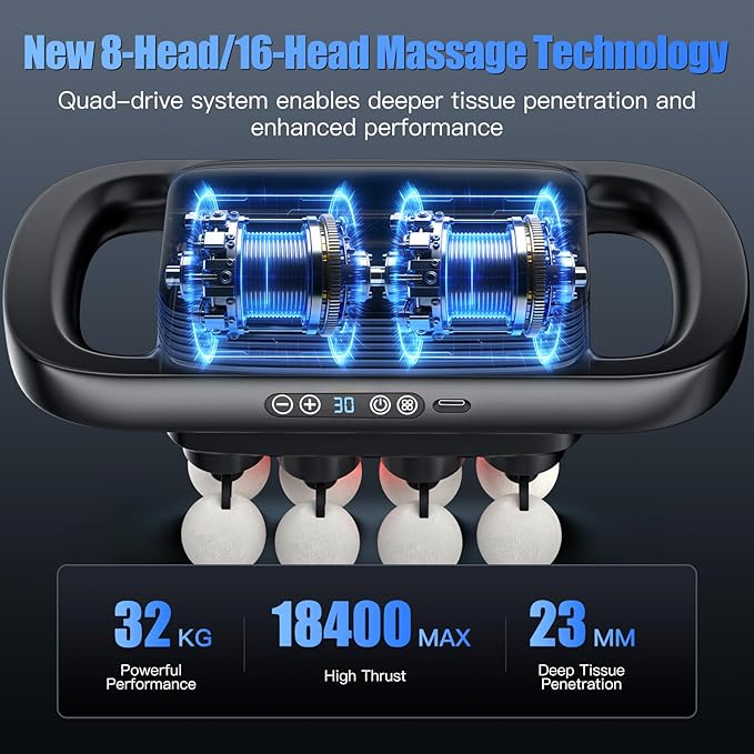 16 Head Massage Gun deep Tissue, Percussion Muscle Massager with 16 Heads, 3 Modes & 30 Intensities,Quiet Handheld Massager for Back Neck Shoulder Legs Muscle Pain Relief