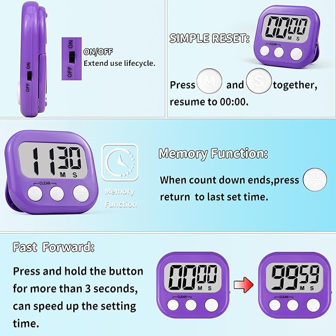 Timer for Kids Teachers Supplies Digital Kitchen Timers for Cooking Large Magnetic Classroom Timer 4Pack-Blue Purple