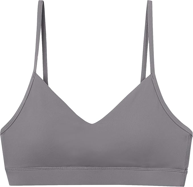 Oalka V Neck Sports Bra for Women Adjustable Padded Thin Straps Wireless Yoga Bras