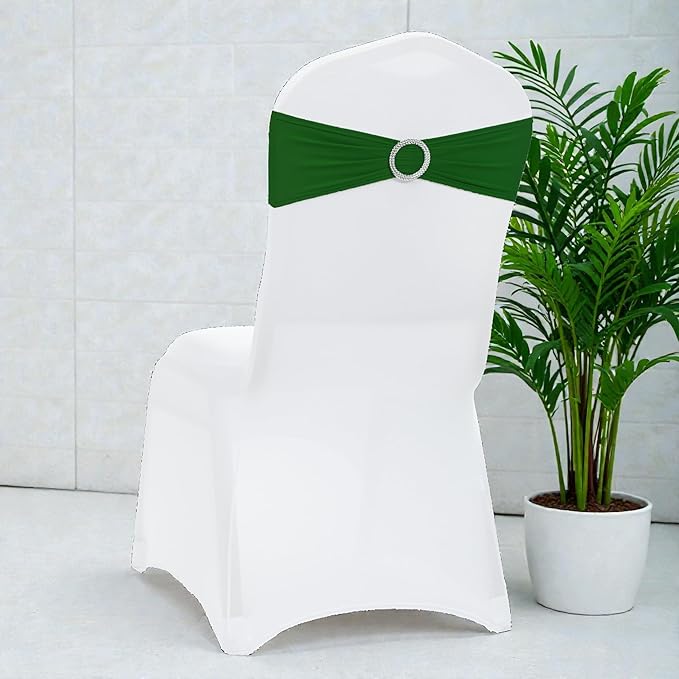 MDS Pack of 75 Spandex Chair Sashes Bow Premium Stretch Chair Cover Band with Buckle Slider Universal fits Elastic Dining Chair Ties for Wedding Party Banquet Events Decoration - Green